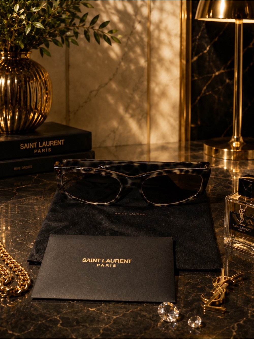 Saint Laurent Tortoiseshell Rectangular Sunglasses in Brown/Black